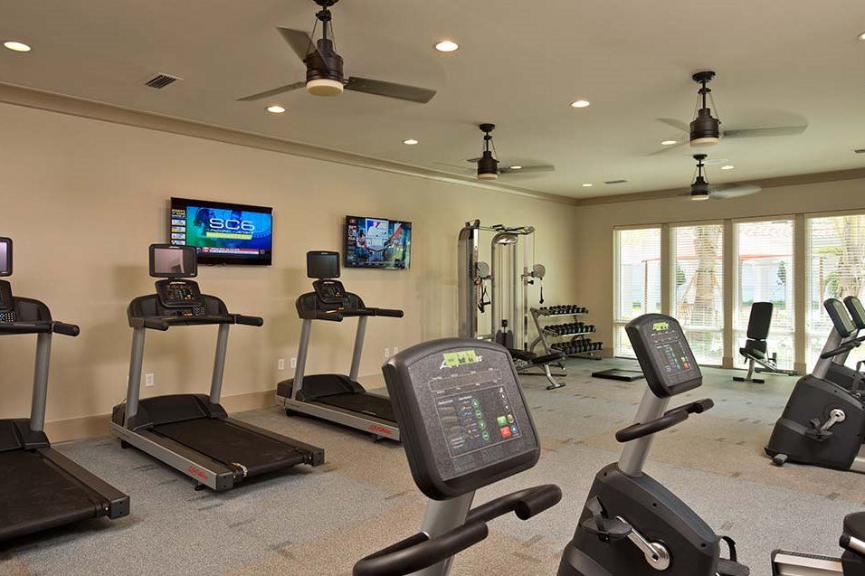 A modern gym with treadmills and other exercise equipment.