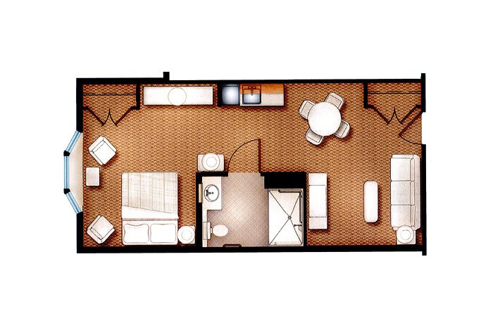 An overhead view of a compact apartment floor plan featuring a bedroom, kitchen, dining area, and bathroom.