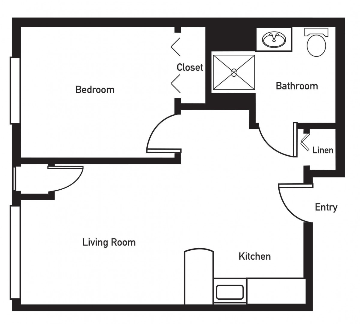 A simple one-bedroom apartment floor plan with living room, kitchen, and bathroom.
