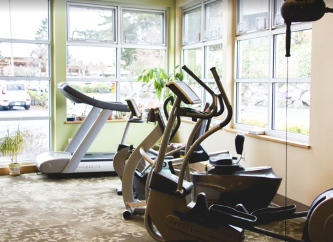 A bright gym room featuring a treadmill and elliptical machines.