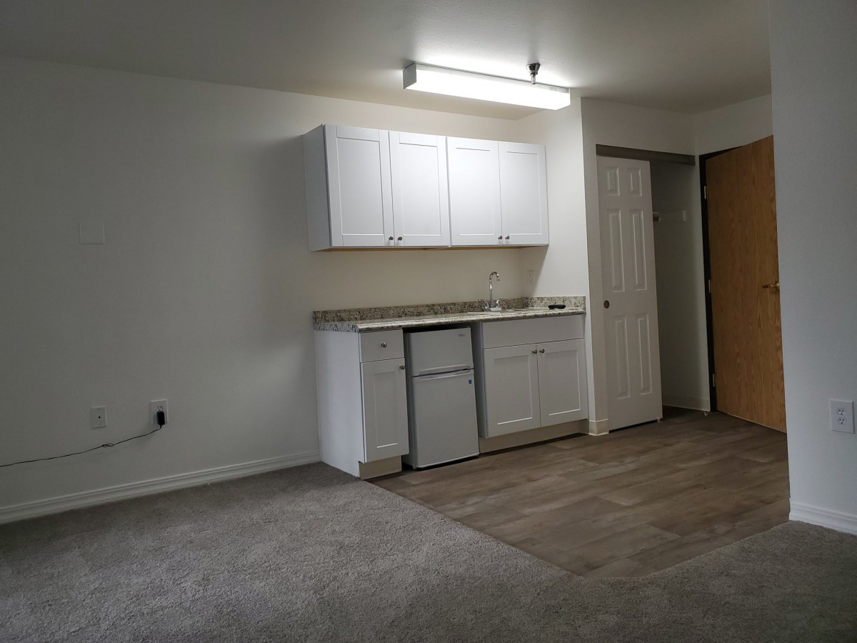 A minimalist apartment kitchen with white cabinets and a carpeted floor.