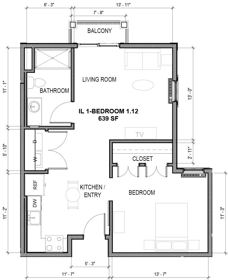 A detailed floor plan of an apartment including a bedroom, bathroom, kitchen, and living room.