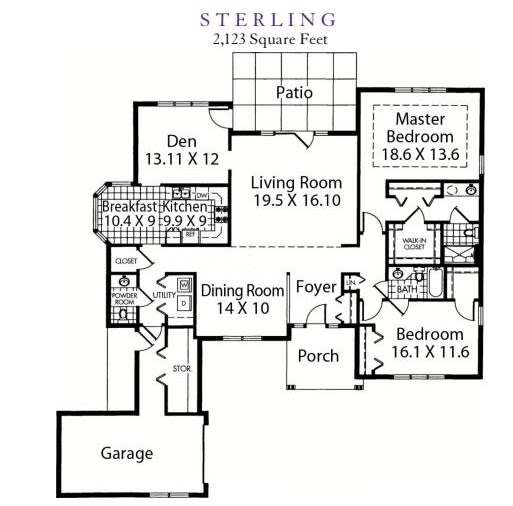 A detailed floor plan of a house labeled 'Sterling' with room dimensions and an area of 2,103 square feet.