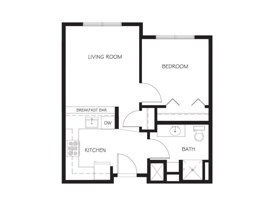 Floor plan of a one-bedroom apartment with kitchen, living room, and bath.
