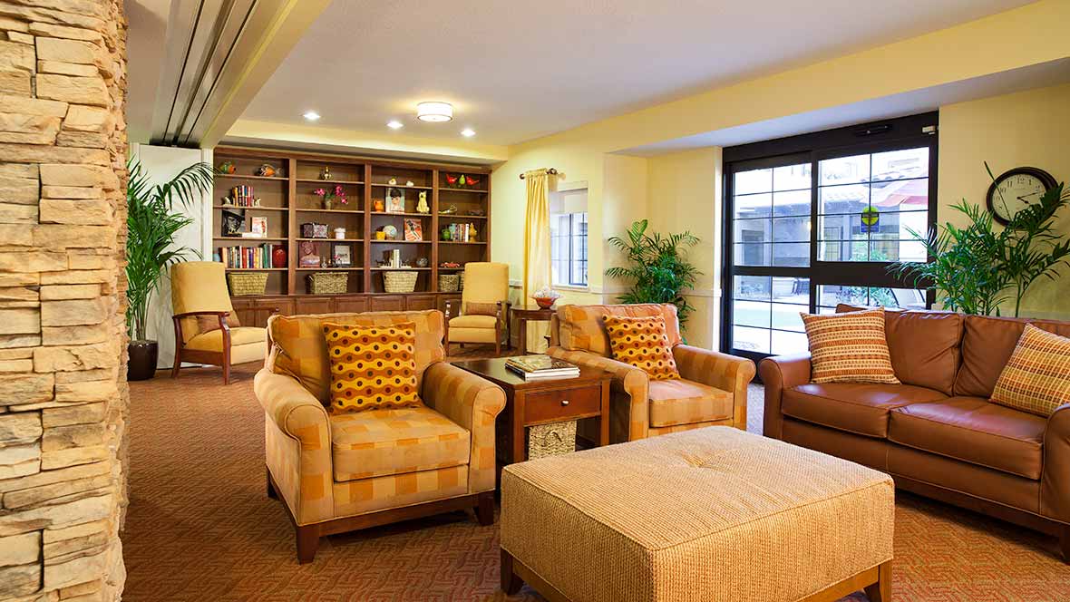 A cozy living room with comfortable armchairs, a large bookshelf, and warm lighting.