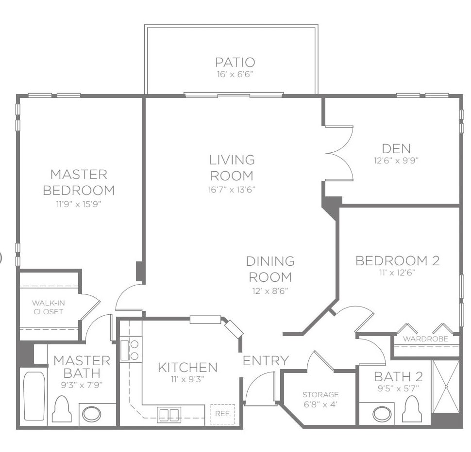 Floor plan of a two-bedroom apartment with kitchen, living room, and dining area.