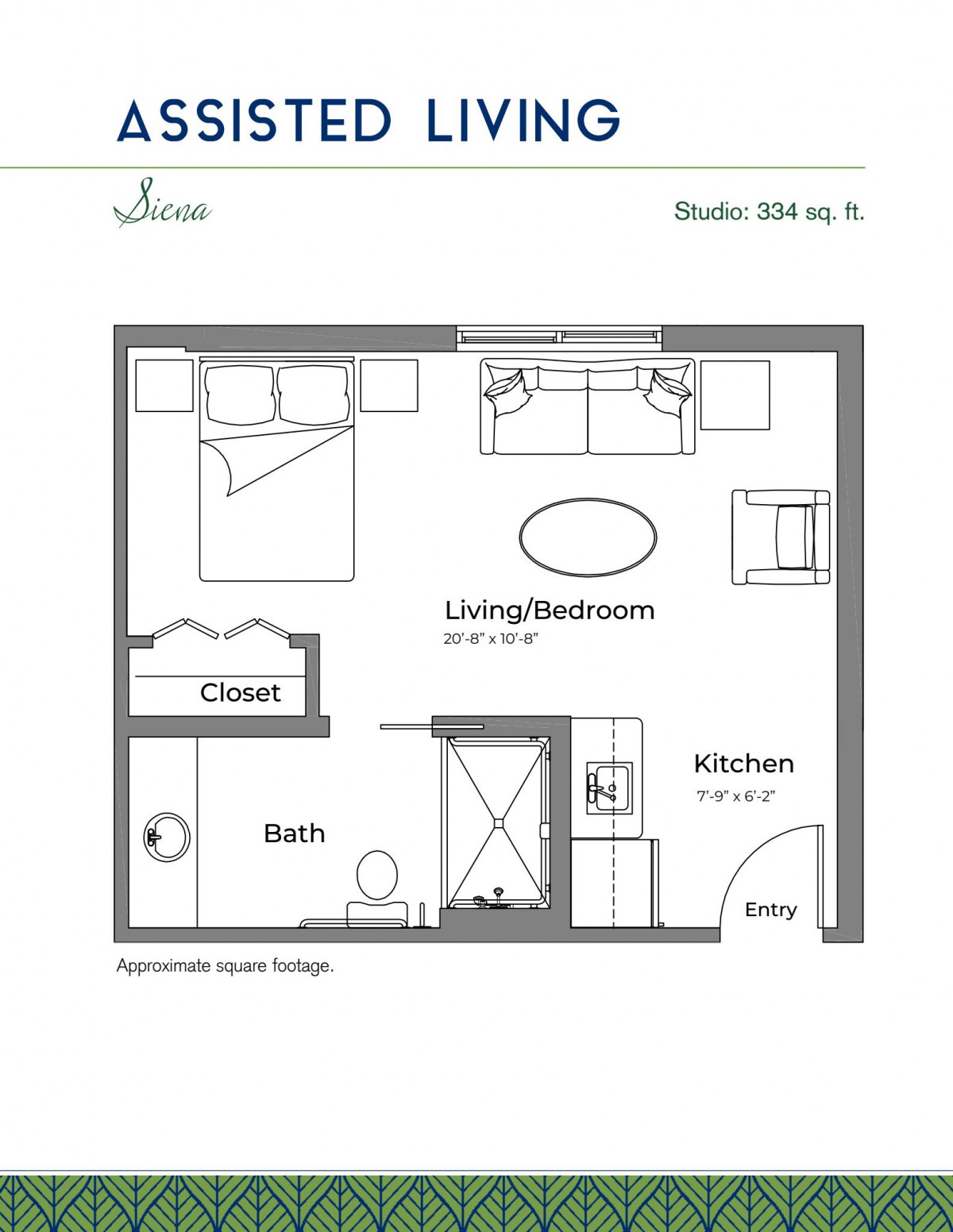 A floor plan of a studio apartment, featuring a combined living and bedroom area, kitchen, bathroom, and closet.