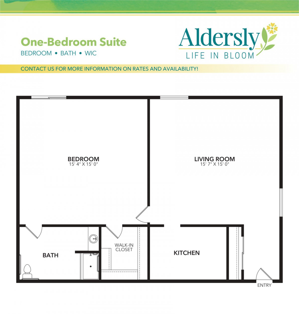Floor plan of a one-bedroom suite at Aldersly, featuring a bedroom, bathroom, living room, and kitchen.