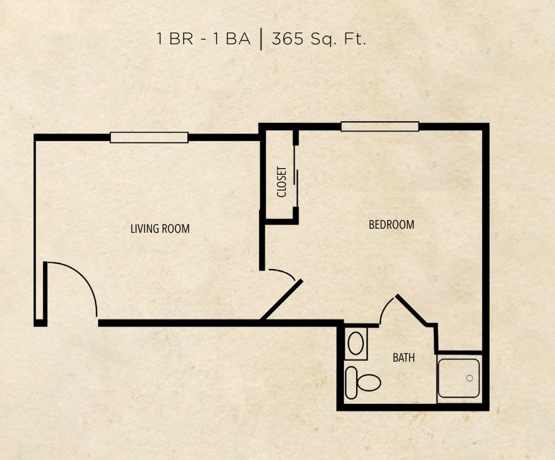 A floor plan depicting a 1-bedroom, 1-bathroom apartment layout with a living room.