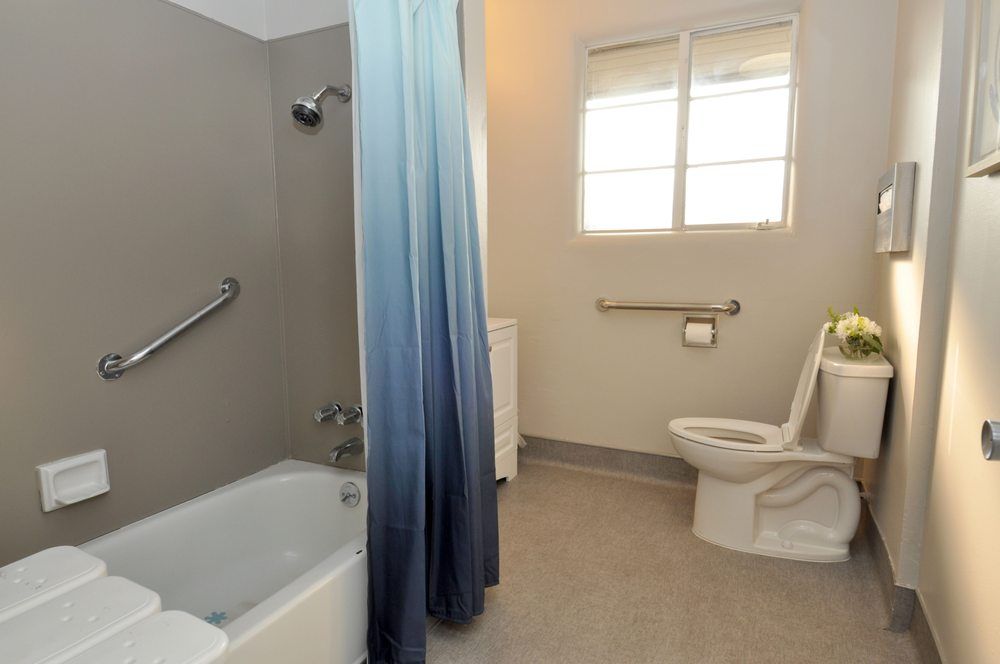 A spacious bathroom featuring a bathtub with a gradient shower curtain, a toilet, and handrails for accessibility.