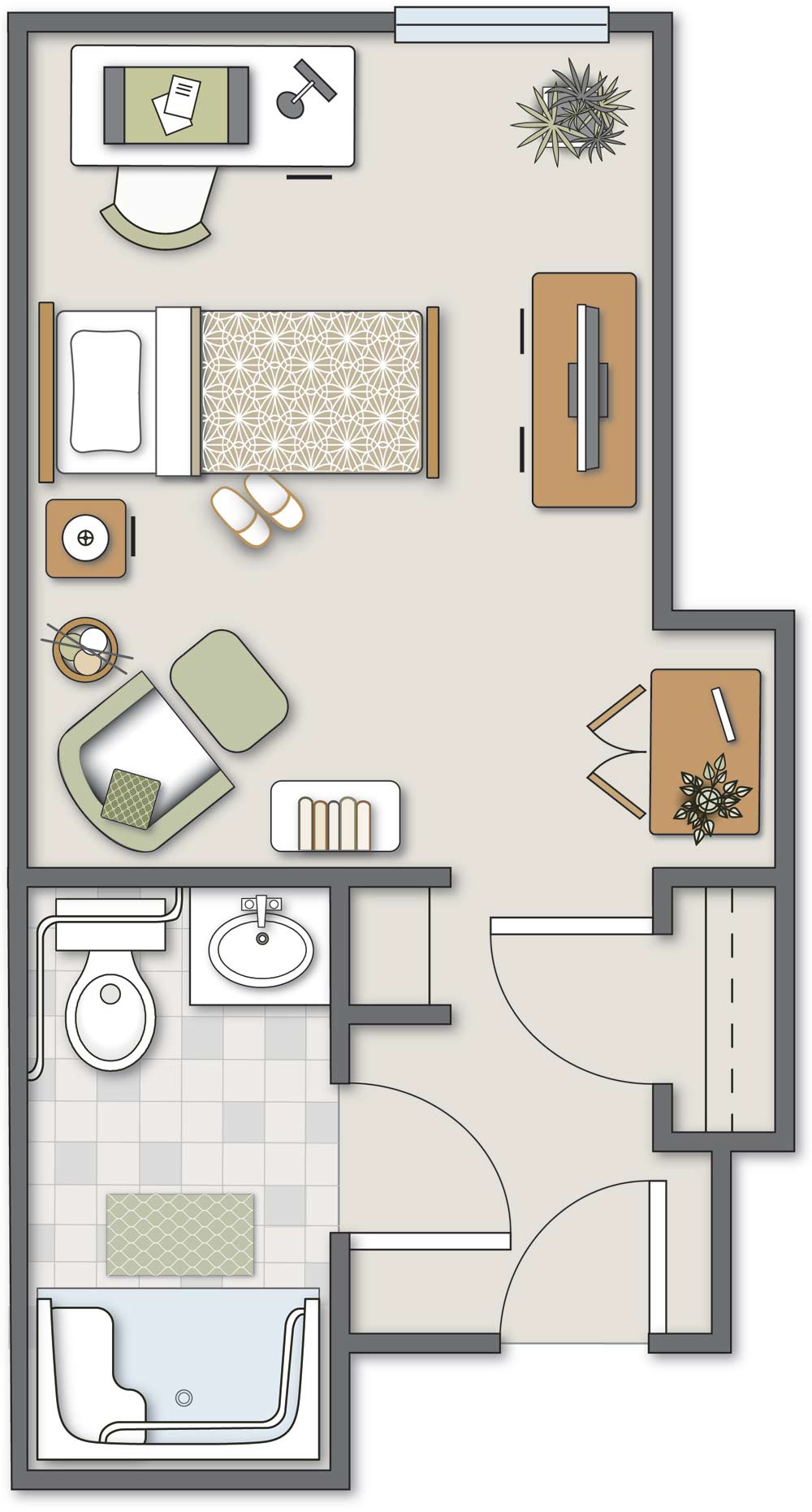 A detailed floor plan showcasing a compact bedroom layout with attached bathroom.