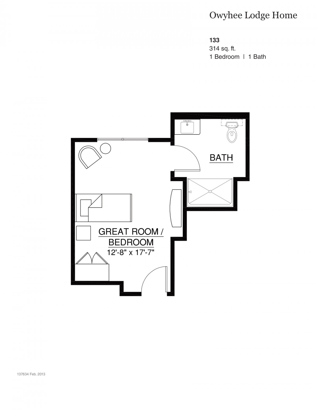Studio apartment floor plan with a single bedroom and bathroom layout.