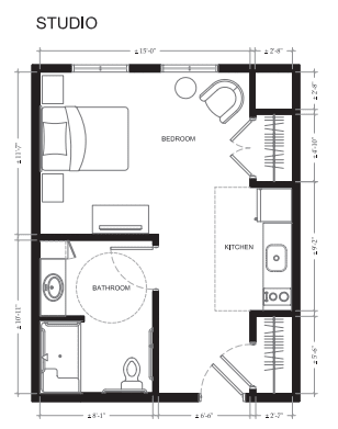 A detailed floor plan of a compact apartment with designated areas for the bedroom, kitchen, and bathroom.