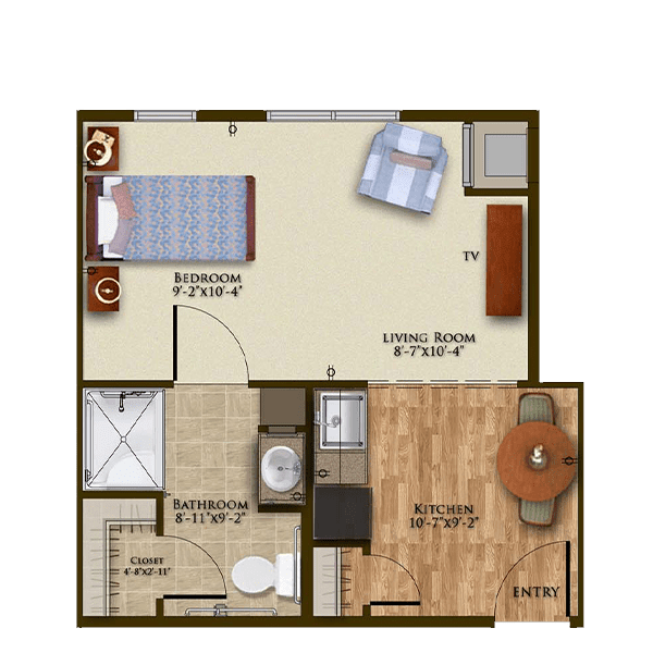 A one-bedroom apartment floor plan featuring a living room, kitchen, and bathroom.