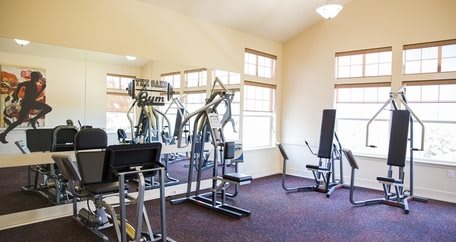 A well-equipped gym with various exercise machines and natural lighting.