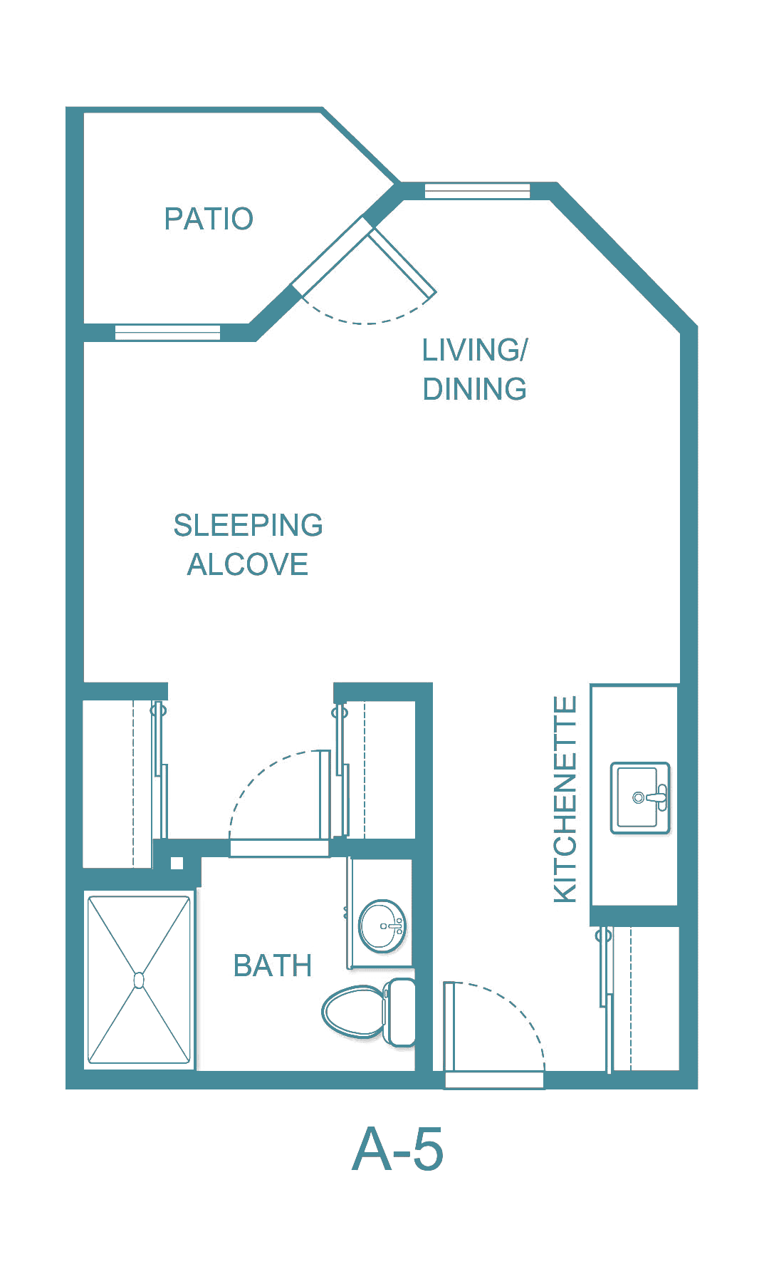 Studio apartment floor plan with living/dining area, sleeping alcove, bath, and kitchenette.
