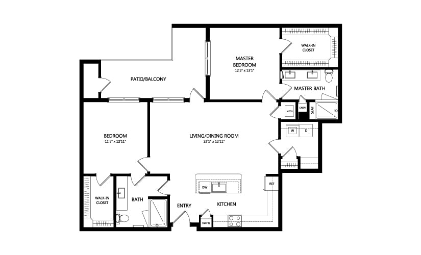 A two-bedroom apartment floor plan featuring a master bedroom, guest bedroom, two bathrooms, a kitchen, and a living/dining area.