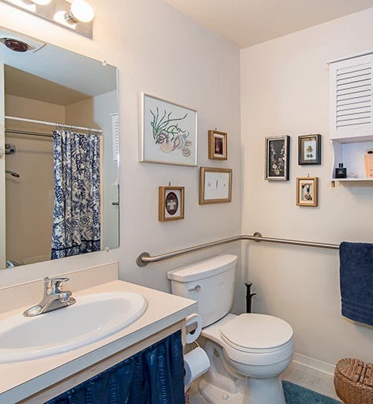 A well-decorated bathroom with a sink, toilet, and various wall art pieces.