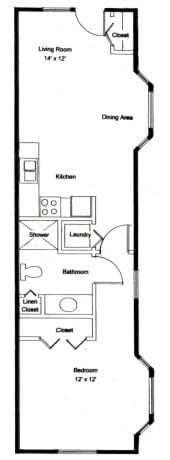 A floor plan displaying a small apartment layout including a kitchen, laundry area, bathroom with shower, and a linen closet.