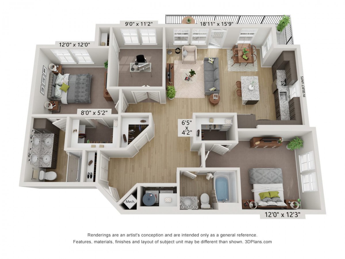A 3D floor plan illustrating the layout of a modern apartment, featuring multiple rooms and communal spaces.