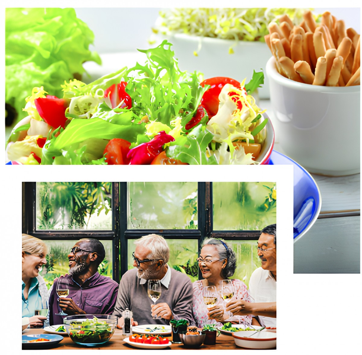 A group of people enjoying a meal together with salad and breadsticks.