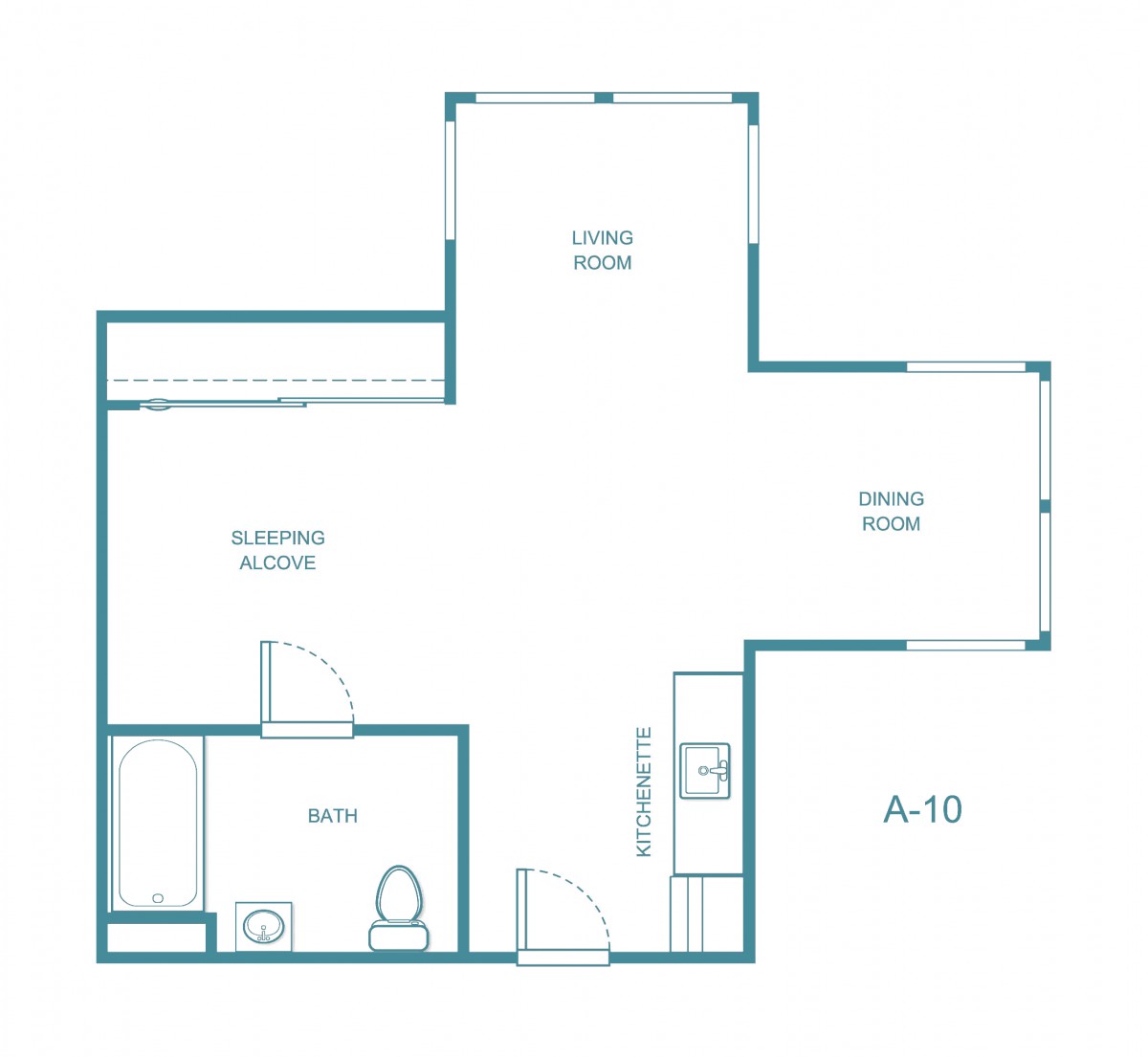 Blueprint of a one-bedroom apartment with living room and kitchen.