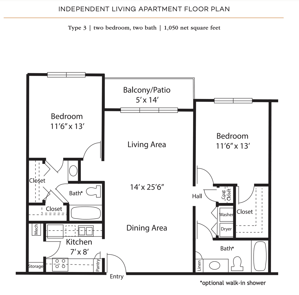 Floor plan of a two-bedroom independent living apartment showing dimensions and layout.