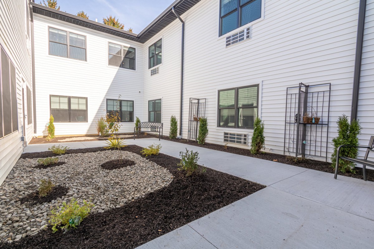 A modern building courtyard with minimalist landscaping and large windows.