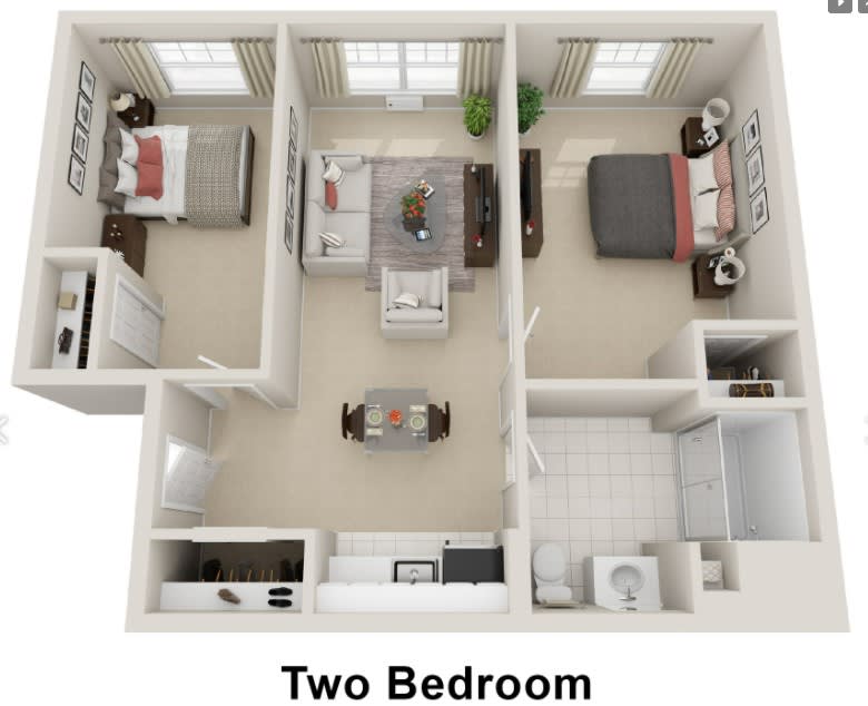 3D floor plan of a two-bedroom apartment layout.