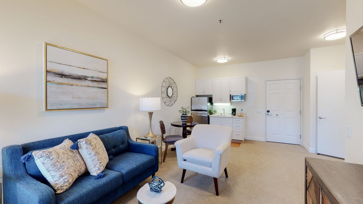 A cozy living room area with modern furnishings and a small kitchenette.