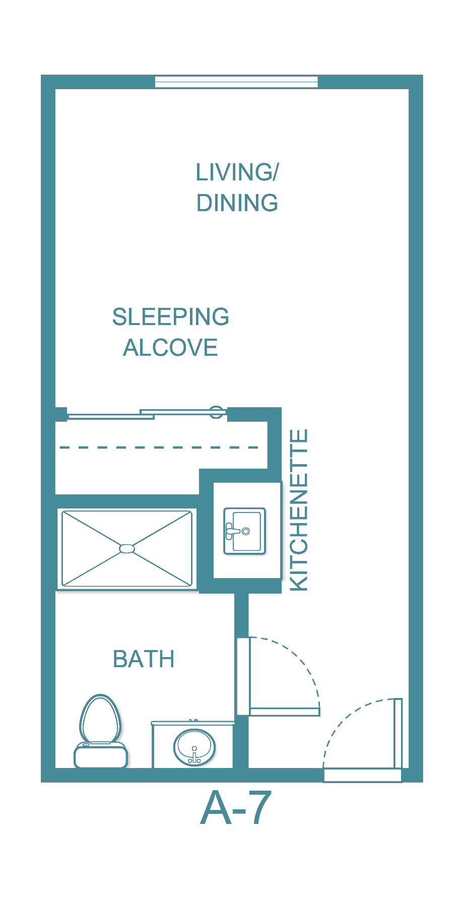 Studio apartment floor plan with a sleeping alcove, kitchenette, and bathroom.