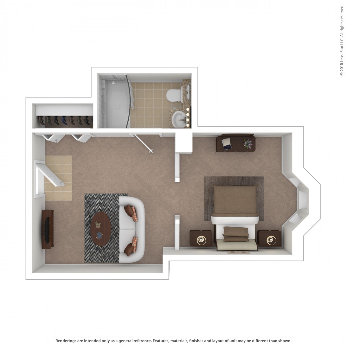 A 3D floor plan of a living space with a bedroom and bathroom layout.