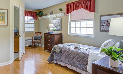A cozy bedroom with a single bed, dresser, and natural light from two windows.