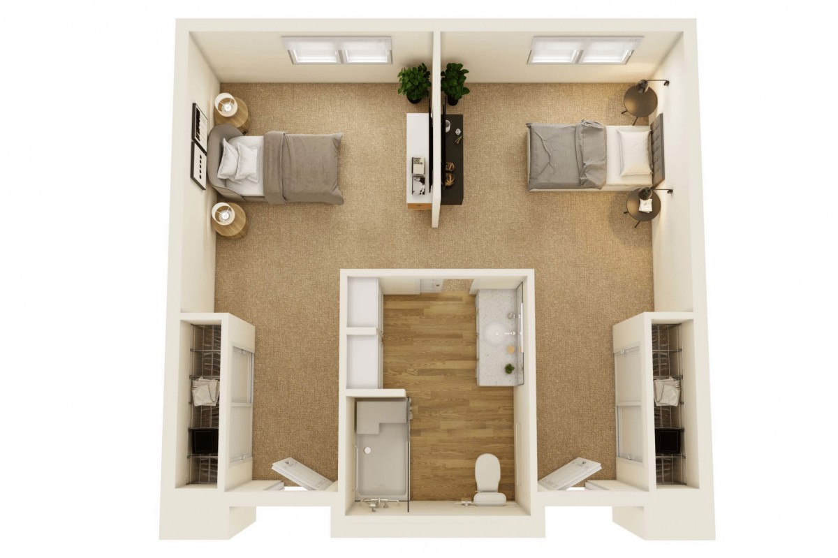 A minimalist apartment floor plan featuring two bedrooms with a shared bathroom.