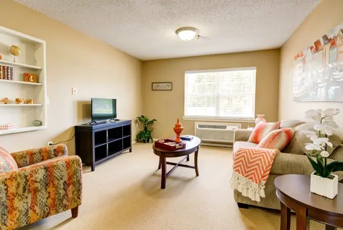 A cozy living room with a sofa, coffee table, and TV, featuring warm decor and natural light from the window.