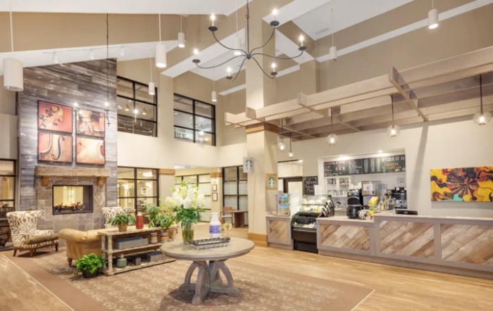 A modern cafe interior with stylish lighting, wooden furniture, and decorative plants.