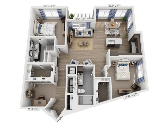 A 3D floor plan of a two-bedroom apartment with designated living, dining, and kitchen areas.