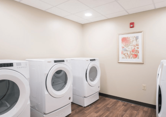 A modern laundry room with two front-loading washing machines.
