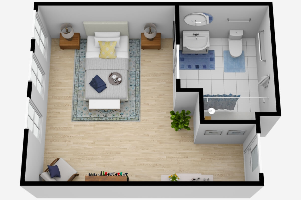 Cozy bedroom and bathroom layout with modern decor.