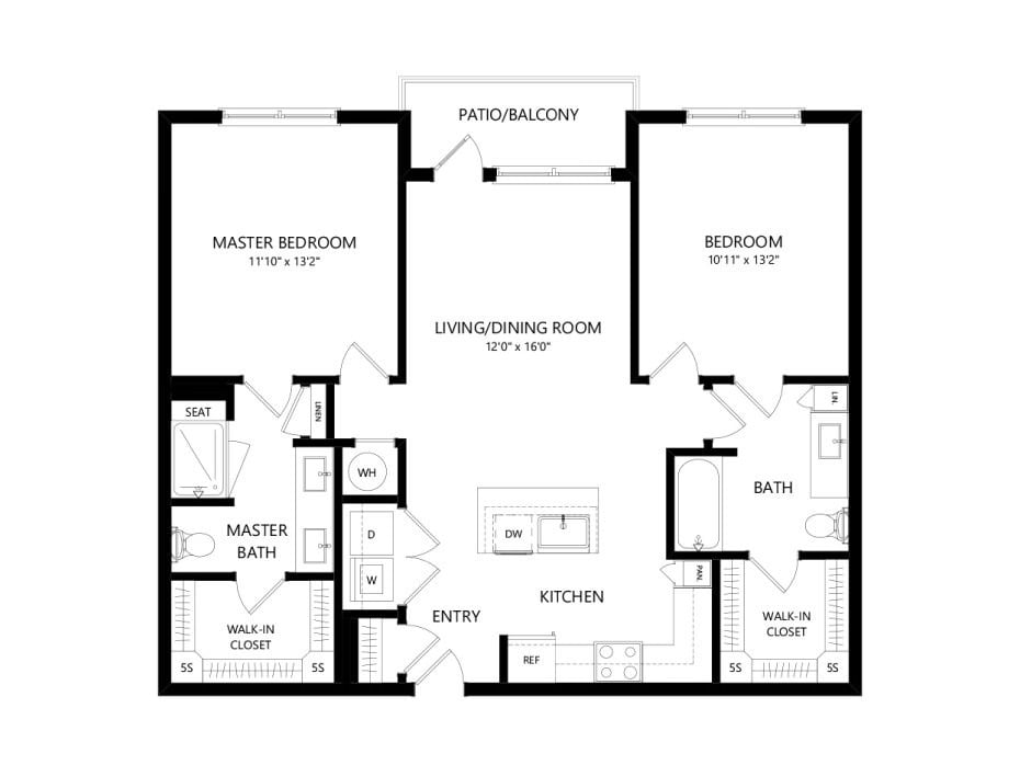 A floor plan showing the layout of a two-bedroom apartment with a living/dining room, kitchen, bathrooms, and patio/balcony.