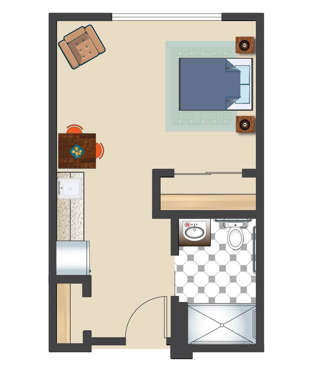 A simple apartment floor plan with a bedroom and bathroom layout.