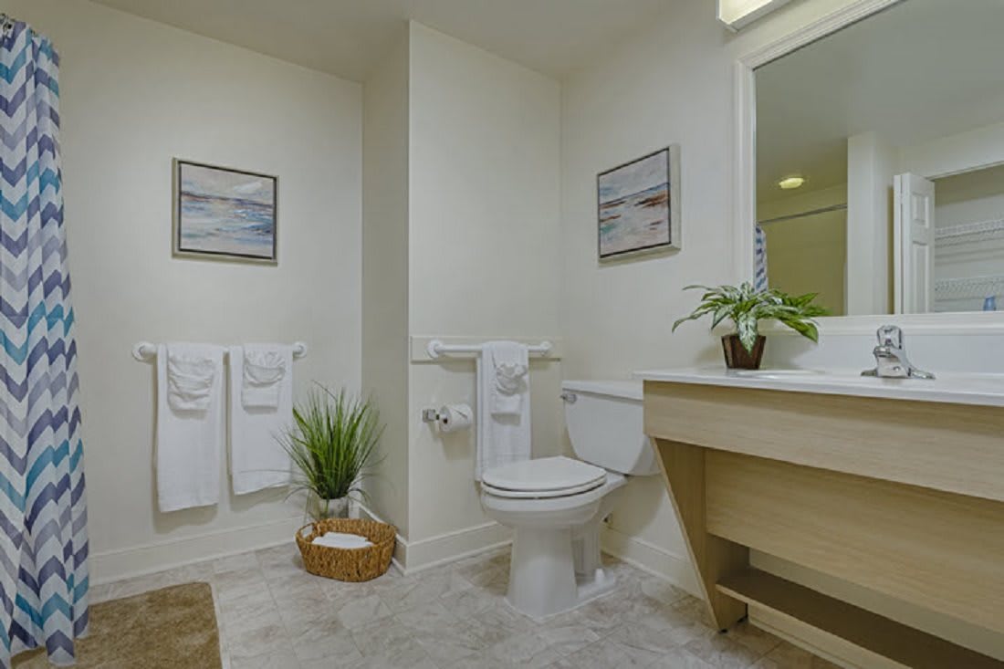 A well-organized bathroom featuring a toilet, sink with a mirror, and decorative elements like framed artwork and a potted plant.
