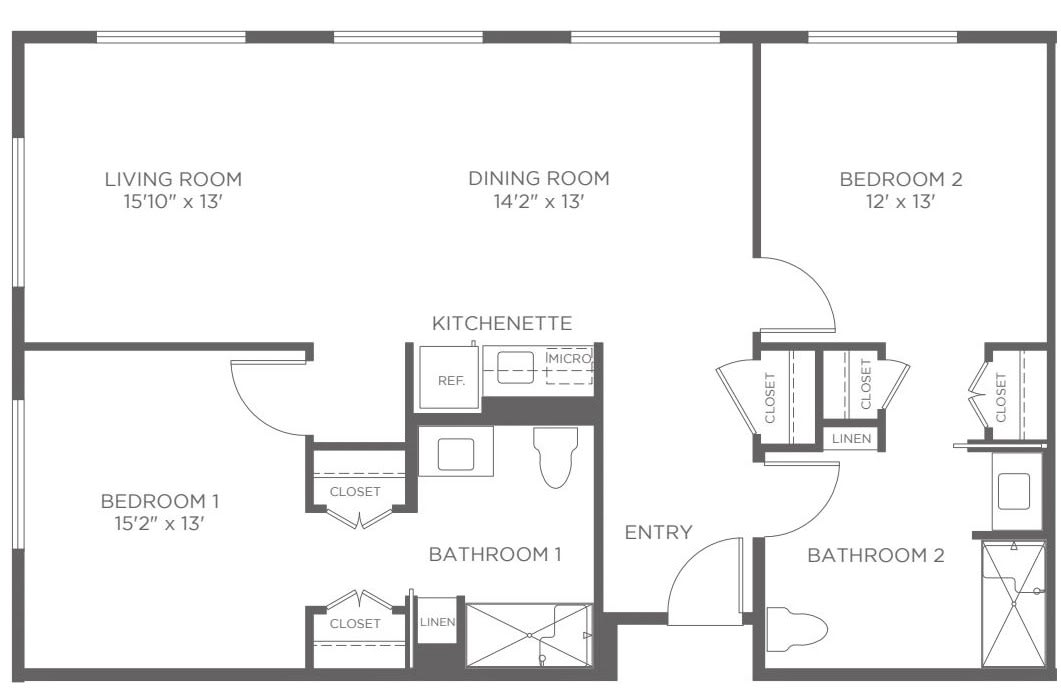 A detailed floor plan of a multi-room apartment showing the layout of rooms and amenities.