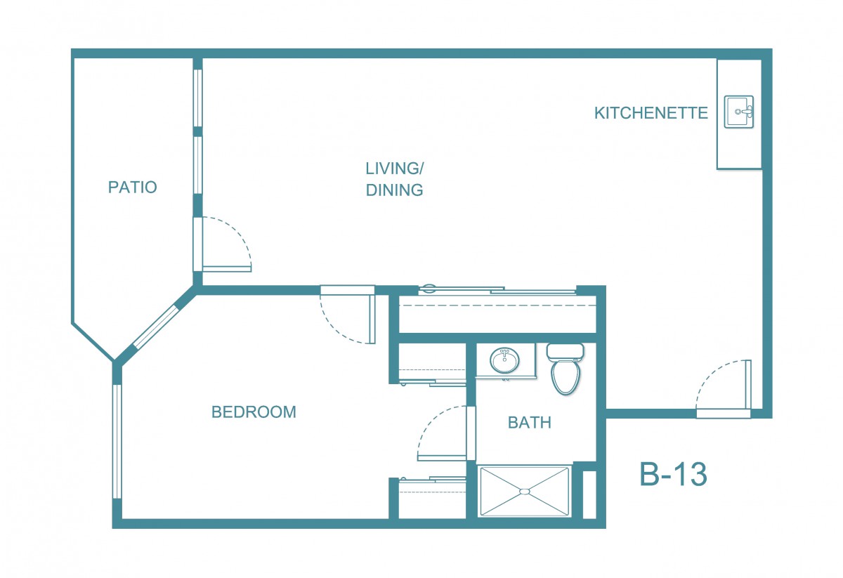 A floor plan of a one-bedroom apartment featuring a living room, kitchenette, and bathroom.