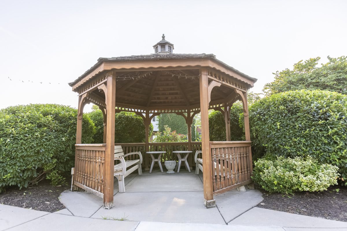 A wooden gazebo surrounded by greenery, featuring benches and tables inside.