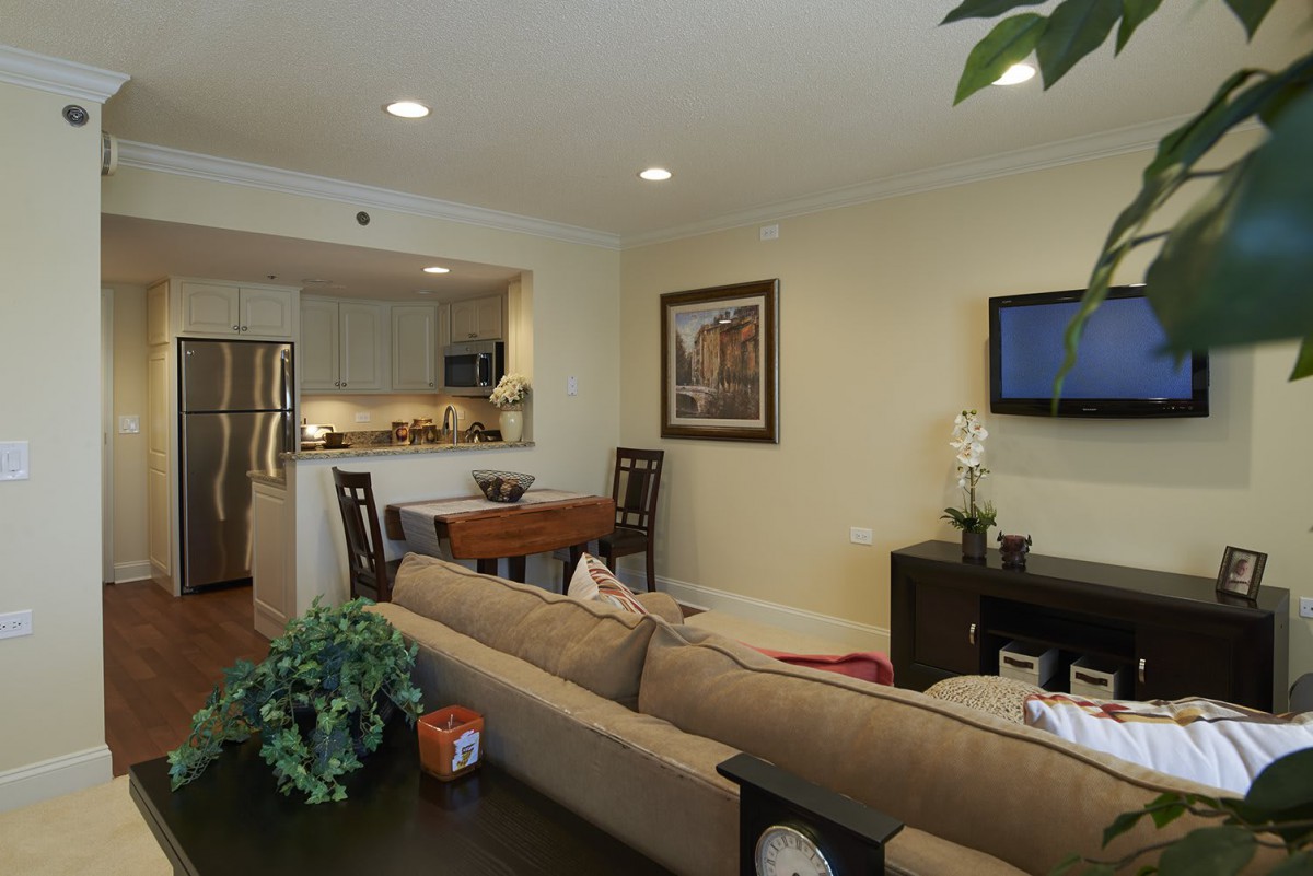 A modern open floor plan living room with a view into the kitchen, featuring contemporary furniture and decor.