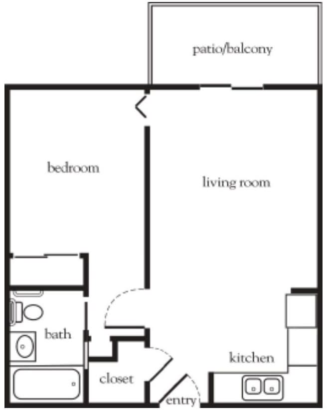 One-bedroom apartment floor plan with living room, kitchen, bathroom, and patio/balcony.