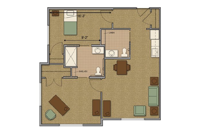 This image shows a floor plan of a one-bedroom apartment with designated areas for the living room, kitchen, and bathroom.