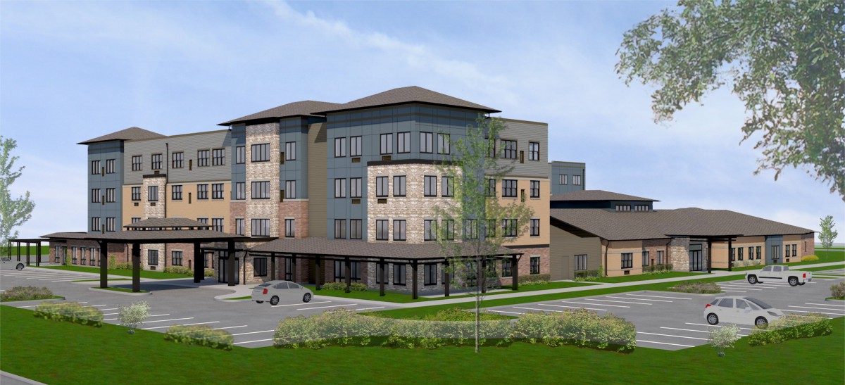 A modern multi-story residential building with a landscaped exterior.