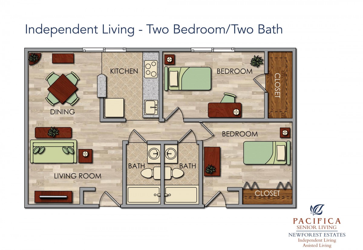 This image shows a floor plan for an independent living apartment with two bedrooms and two bathrooms.